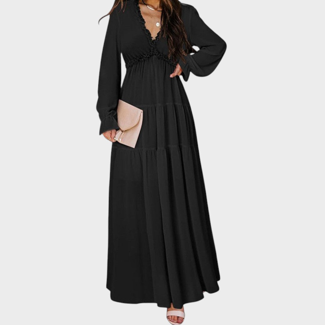 Helen | Vestido Longo e Fluido Floral com Decote em V e Mangas Longas