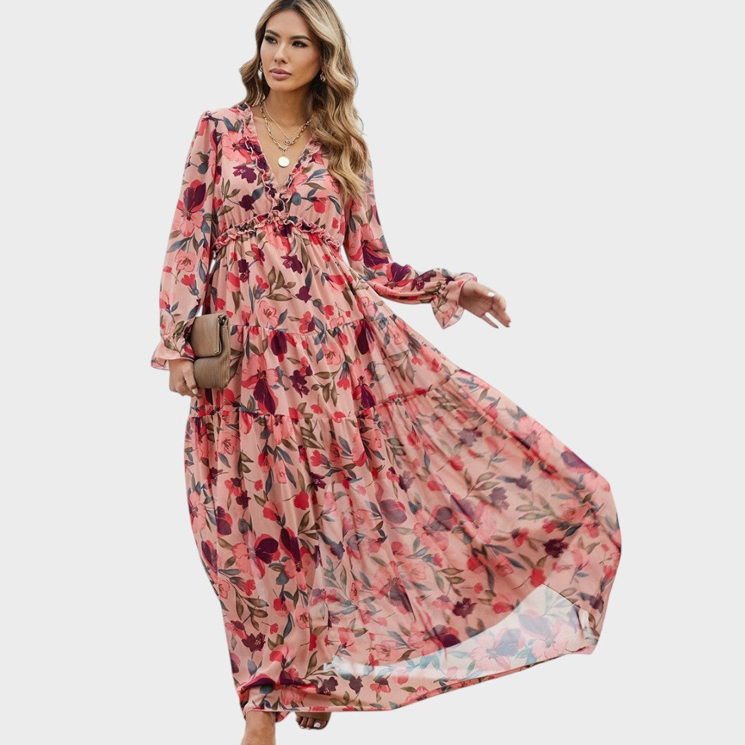 Helen | Vestido Longo e Fluido Floral com Decote em V e Mangas Longas