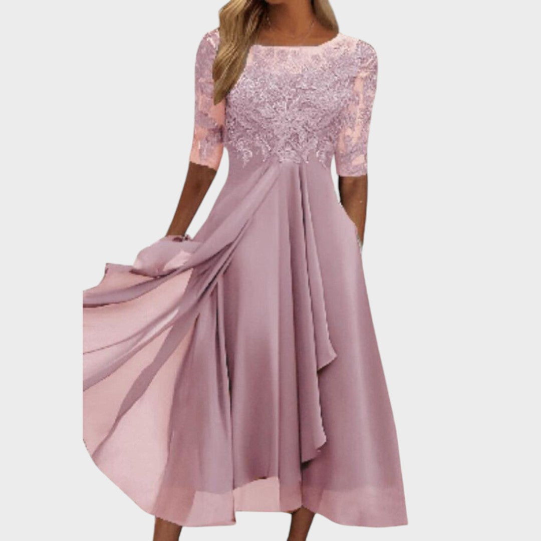 Gabhi | Vestido Midi com Detalhes de Renda, Mangas Transparentes e Saia Evasê