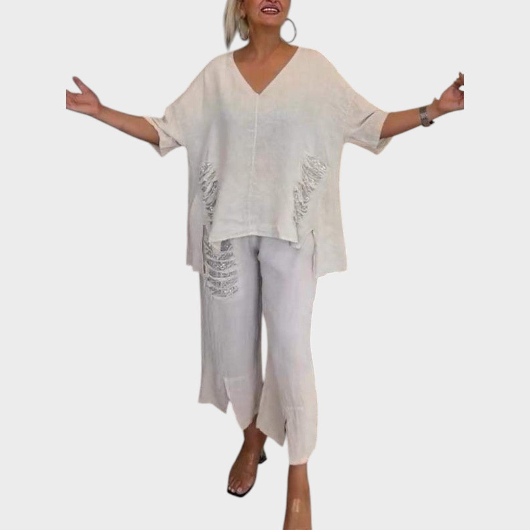 Bianca | Conjunto de Duas Peças de Algodão e Linho com Decote V e Calça Ampla