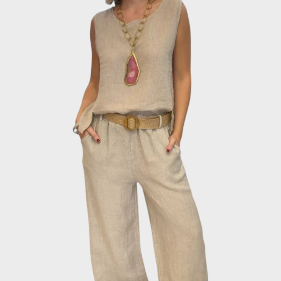 Luzia | Conjunto Boho de Duas Peças em Tons Terrosos com Bolsos e Cinto Opcional