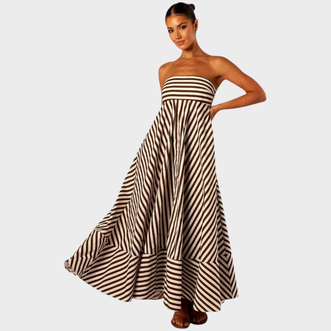 Mira | Vestido Maxi Tomara que Caia com Listras Diagonais e Babados nas Costas