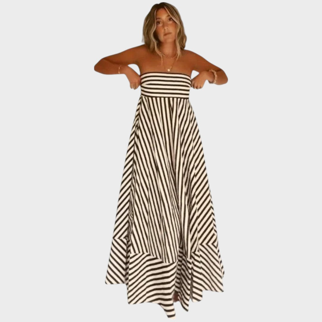 Mira | Vestido Maxi Tomara que Caia com Listras Diagonais e Babados nas Costas