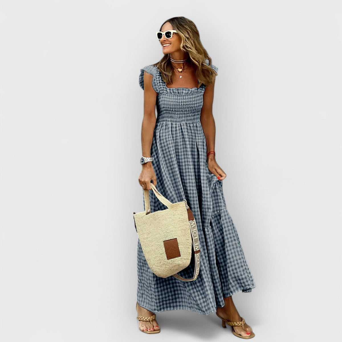 Belle | Vestido Maxi com Alças de Babados e Estampa Xadrez