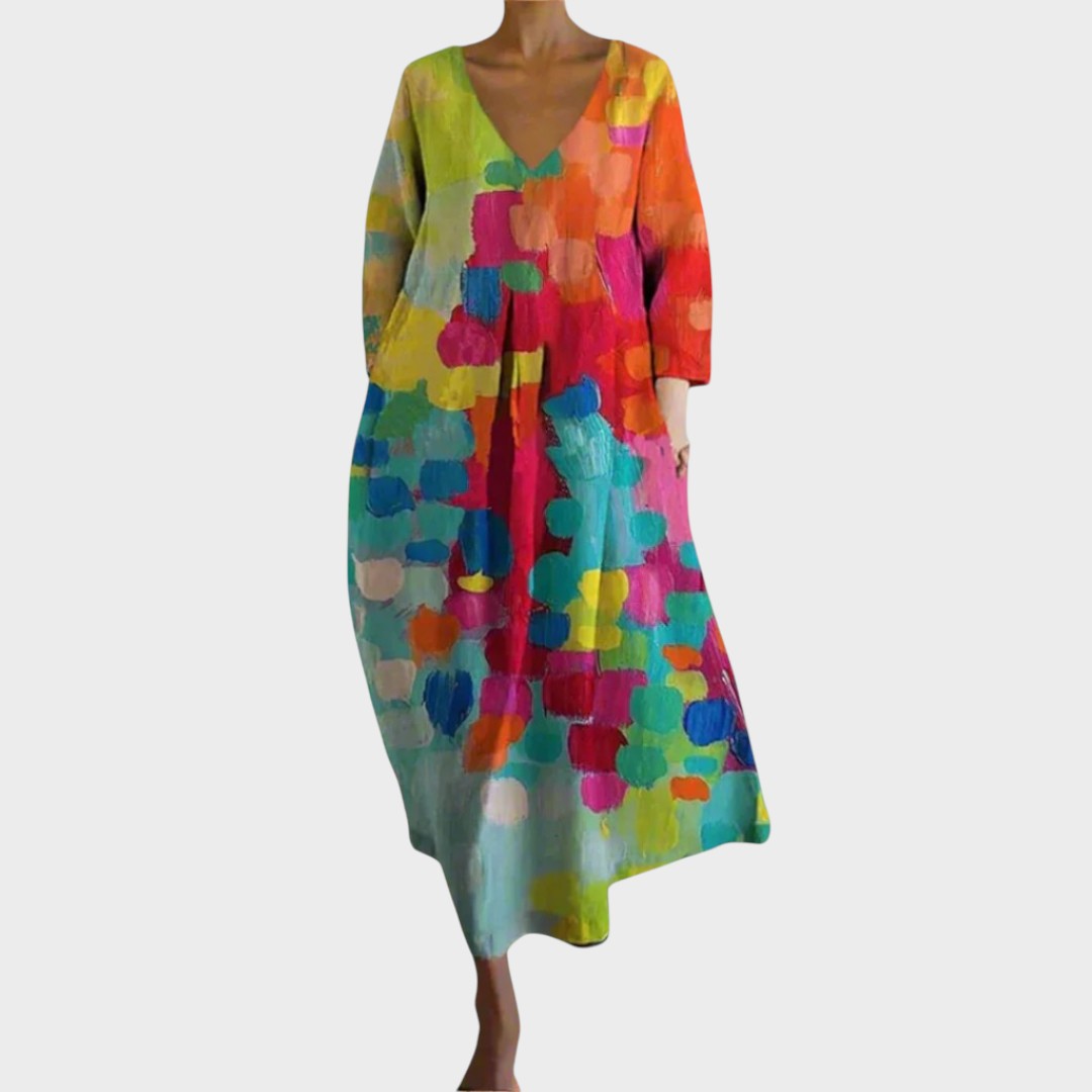 Ursina | Vestido Colorido com Decote em V e Estampa Vibrante