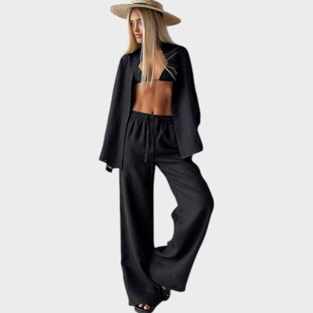 Luna | Conjunto de 3 Peças em Algodão com Camisa Listrada, Cropped e Calça Pantalona