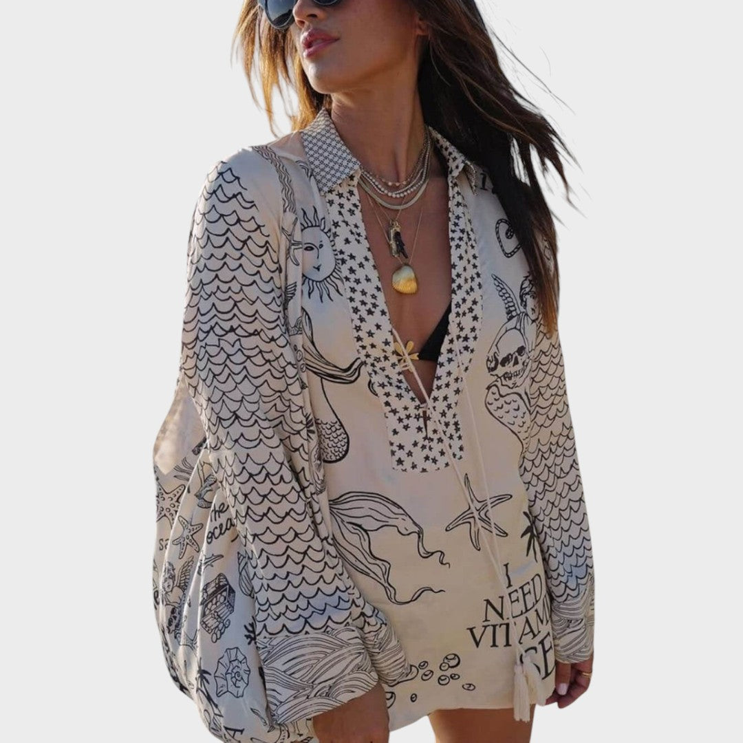 Arial | Conjunto de Camisa Listrada e Shorts com Decote em V para Dias de Praia