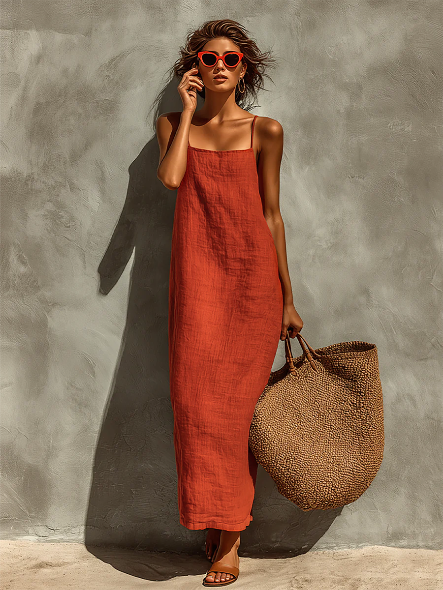 Vestido de Algodão com Alças Finas e Decote Quadrado, Estilo Boho-Resort Atemporal