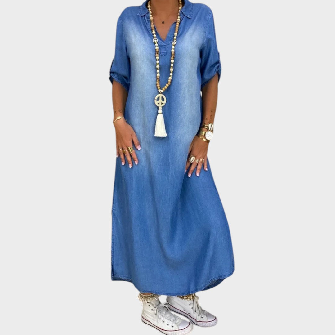 Lea | Vestido Longo Efeito Jeans com Fenda Lateral