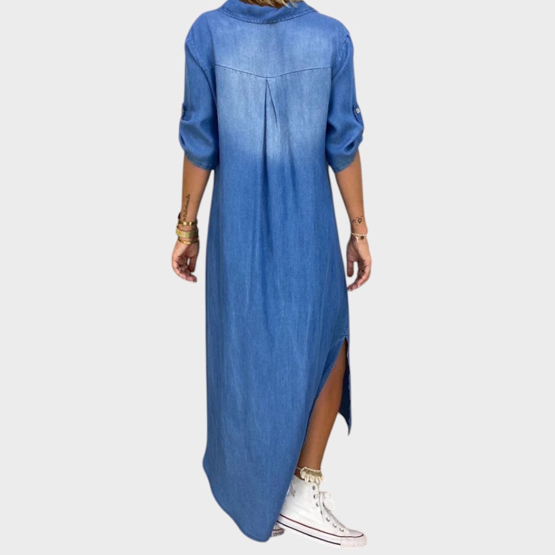 Lea | Vestido Longo Efeito Jeans com Fenda Lateral