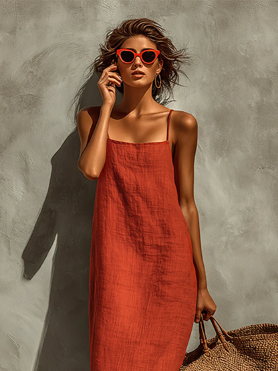 Vestido de Algodão com Alças Finas e Decote Quadrado, Estilo Boho-Resort Atemporal