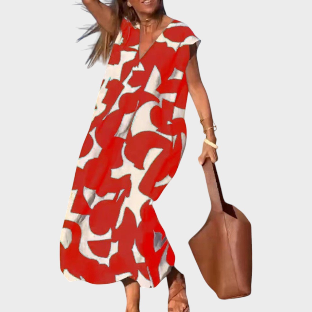 Mebelle | Vestido Midi com Decote em V e Estampa Gráfica em Preto e Branco