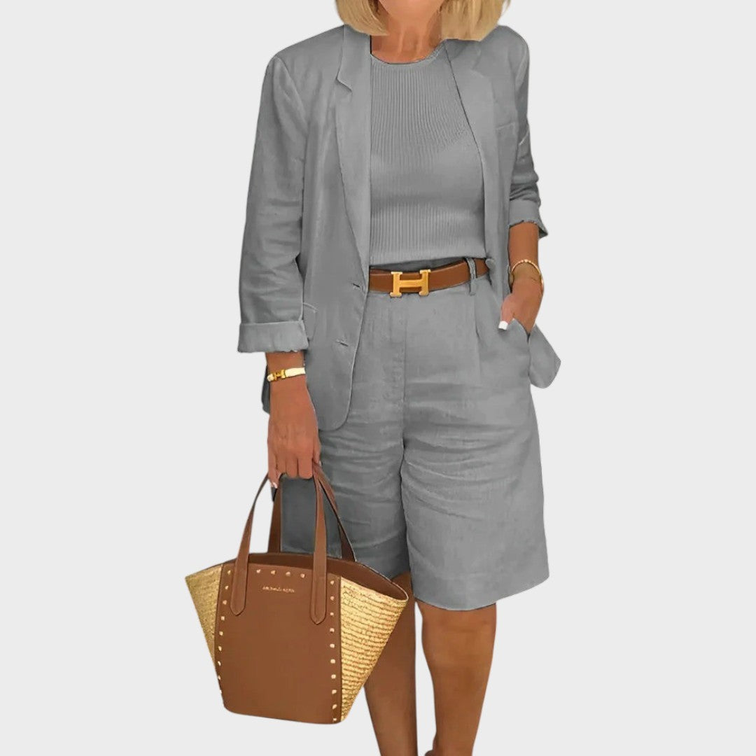 Riley | Conjunto de Linho com Blazer de Manga 3/4 e Short de Cintura Alta