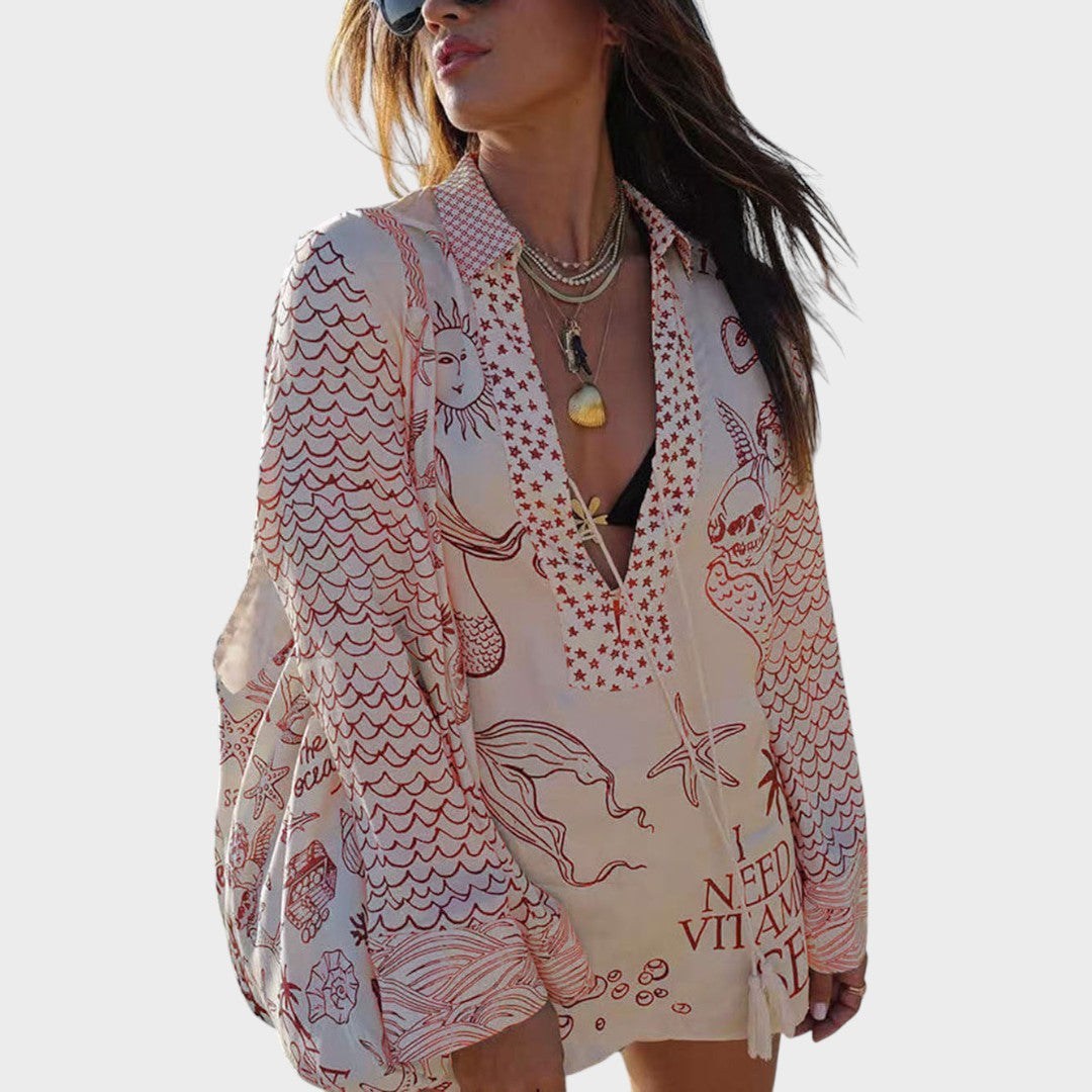 Arial | Conjunto de Camisa Listrada e Shorts com Decote em V para Dias de Praia