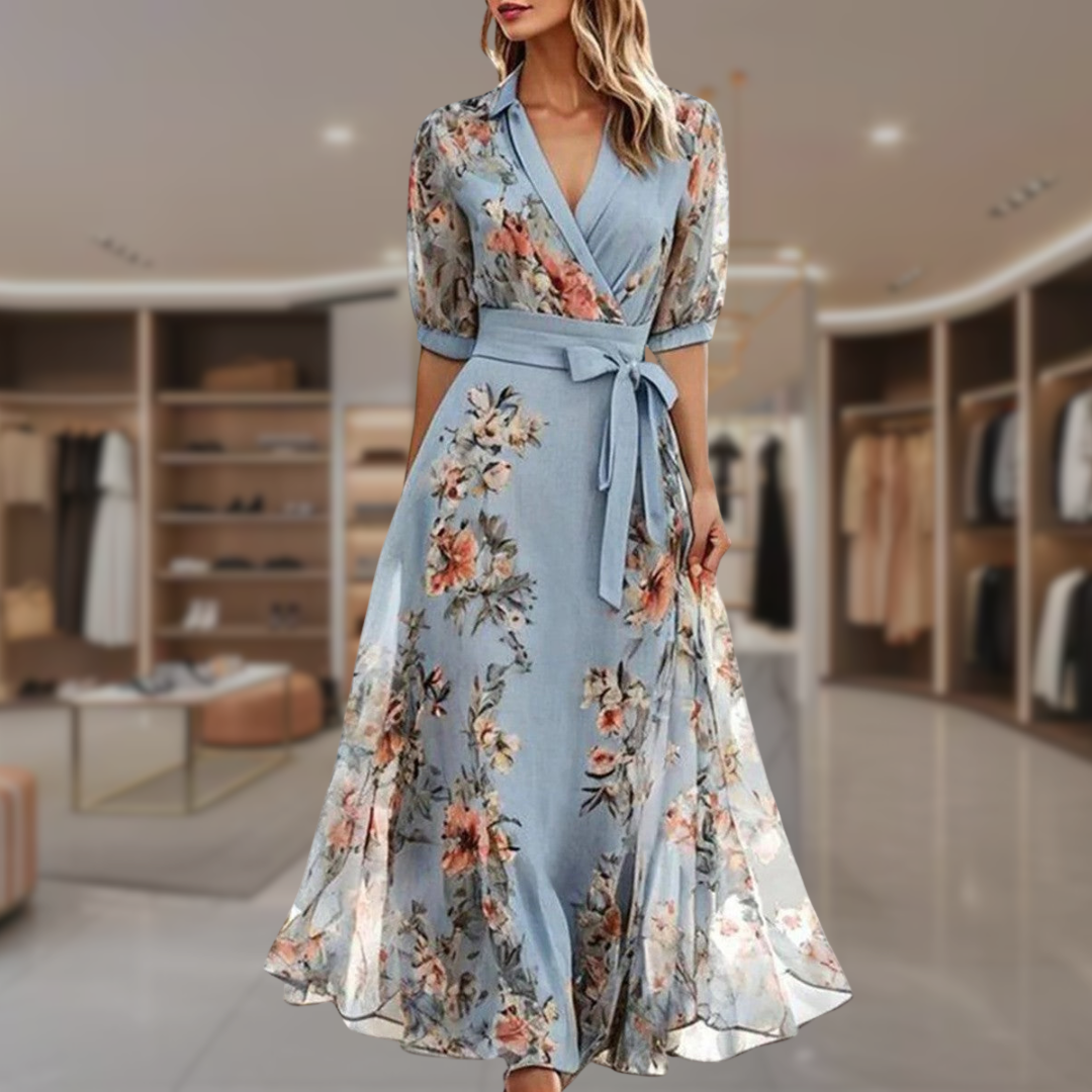 Felicia | Vestido Maxi Floral Envelope com Mangas Longas