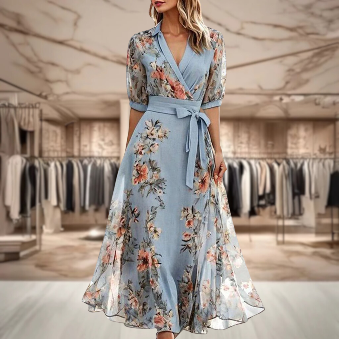 Felicia | Vestido Maxi Floral Envelope com Mangas Longas