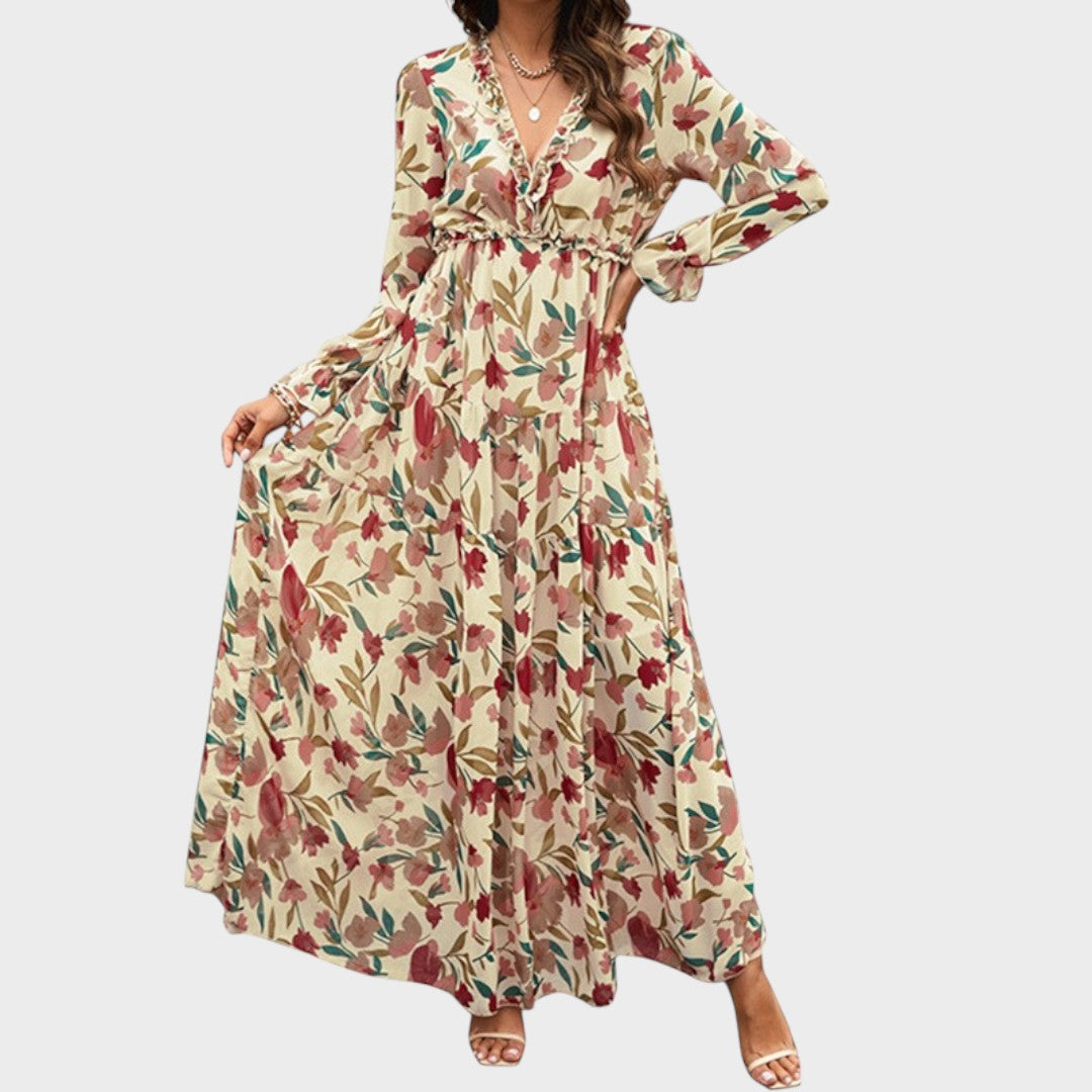Helen | Vestido Longo e Fluido Floral com Decote em V e Mangas Longas