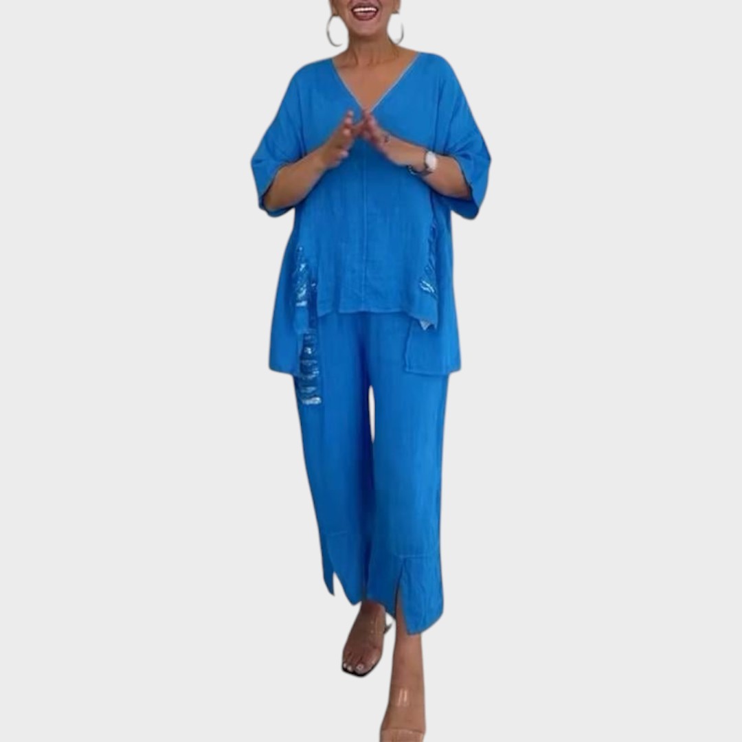 Bianca | Conjunto de Duas Peças de Algodão e Linho com Decote V e Calça Ampla