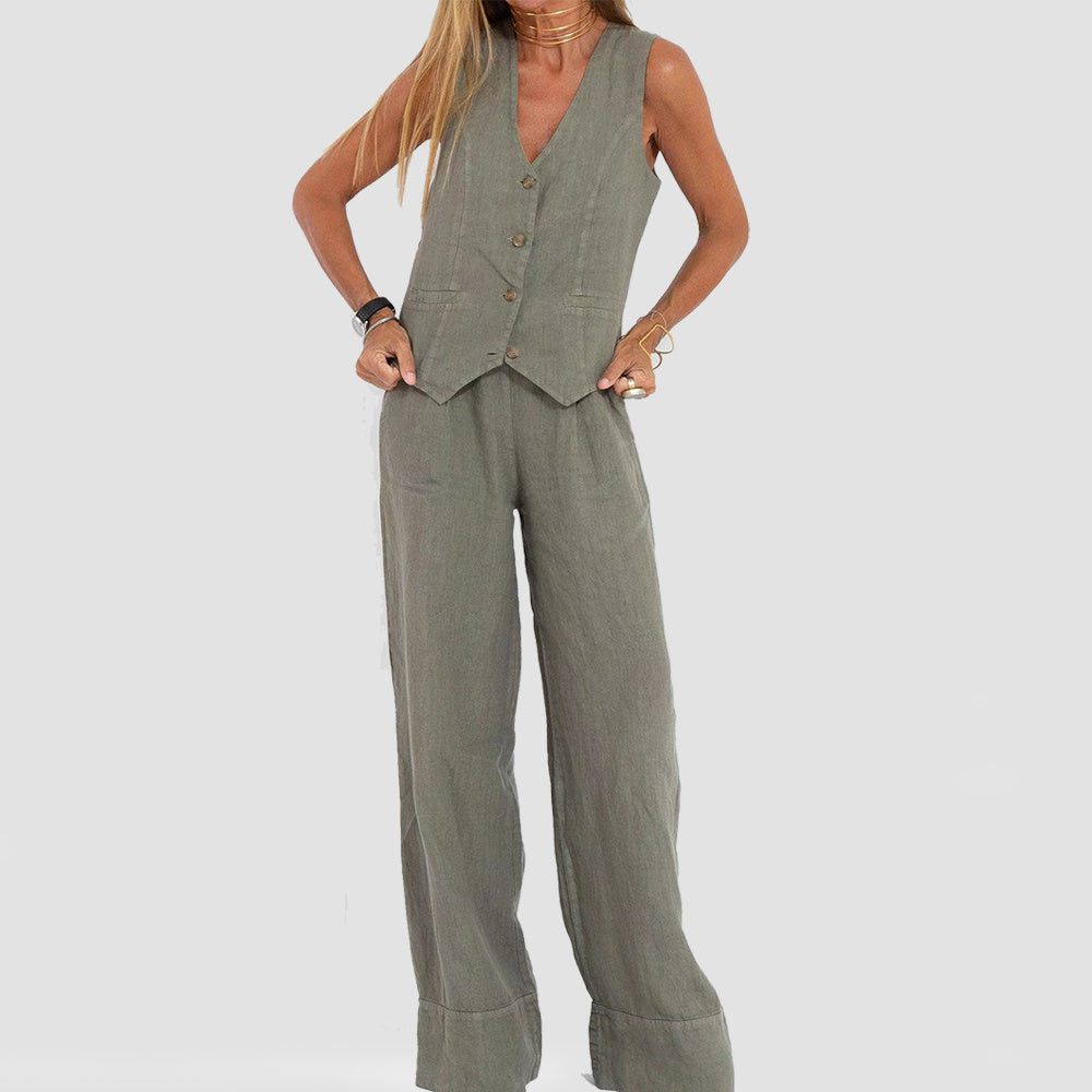 Mary | Conjunto de Casaco e Calça de Linho Natural com Botões de Madeira