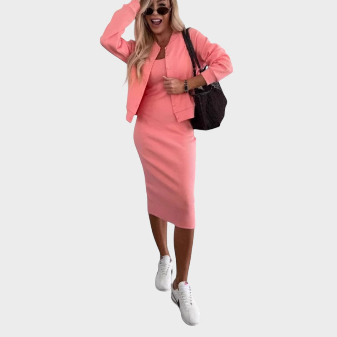 Karin | Conjunto de Vestido Midi e Jaqueta Bomber de Malha Canelada