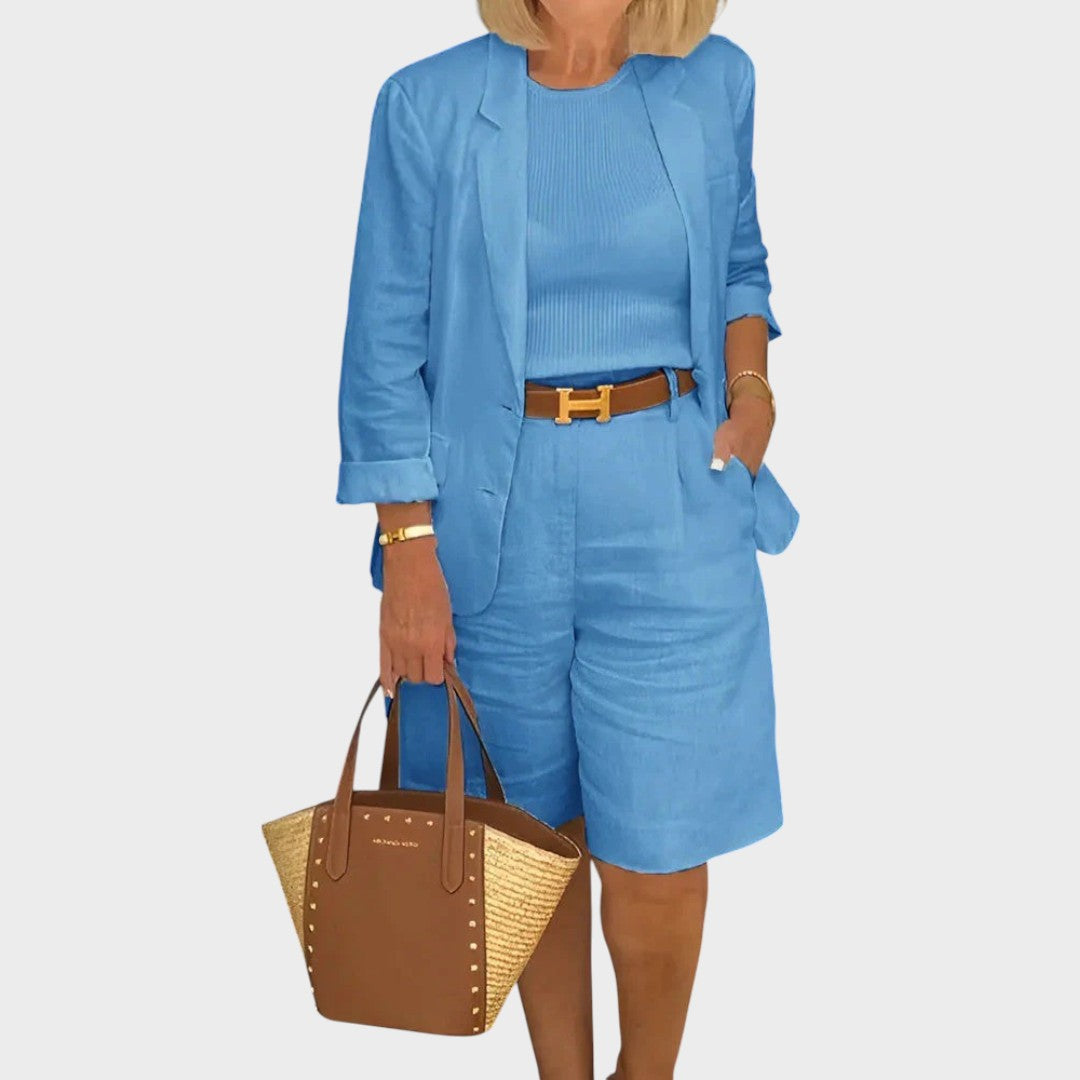 Riley | Conjunto de Linho com Blazer de Manga 3/4 e Short de Cintura Alta
