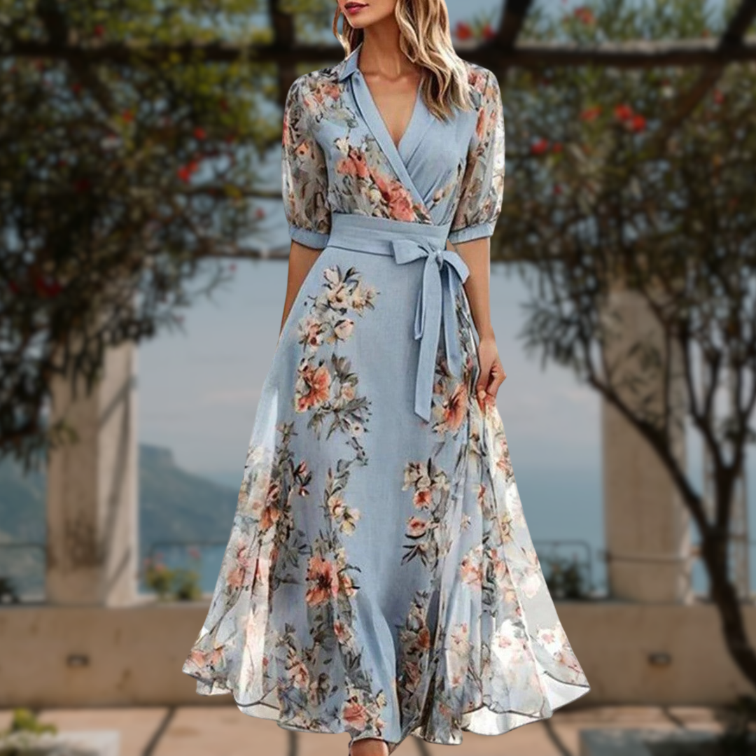 Felicia | Vestido Maxi Floral Envelope com Mangas Longas