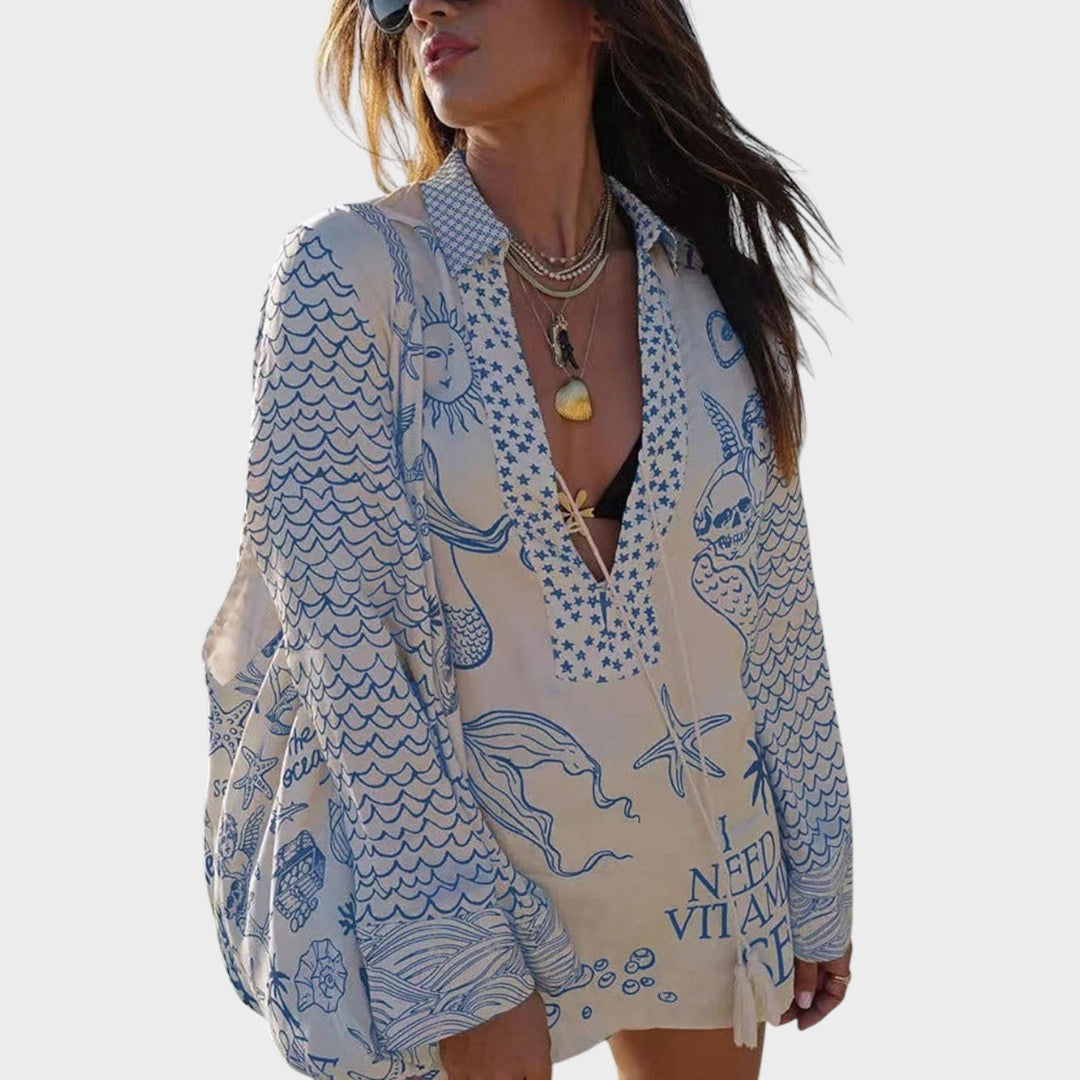 Arial | Conjunto de Camisa Listrada e Shorts com Decote em V para Dias de Praia