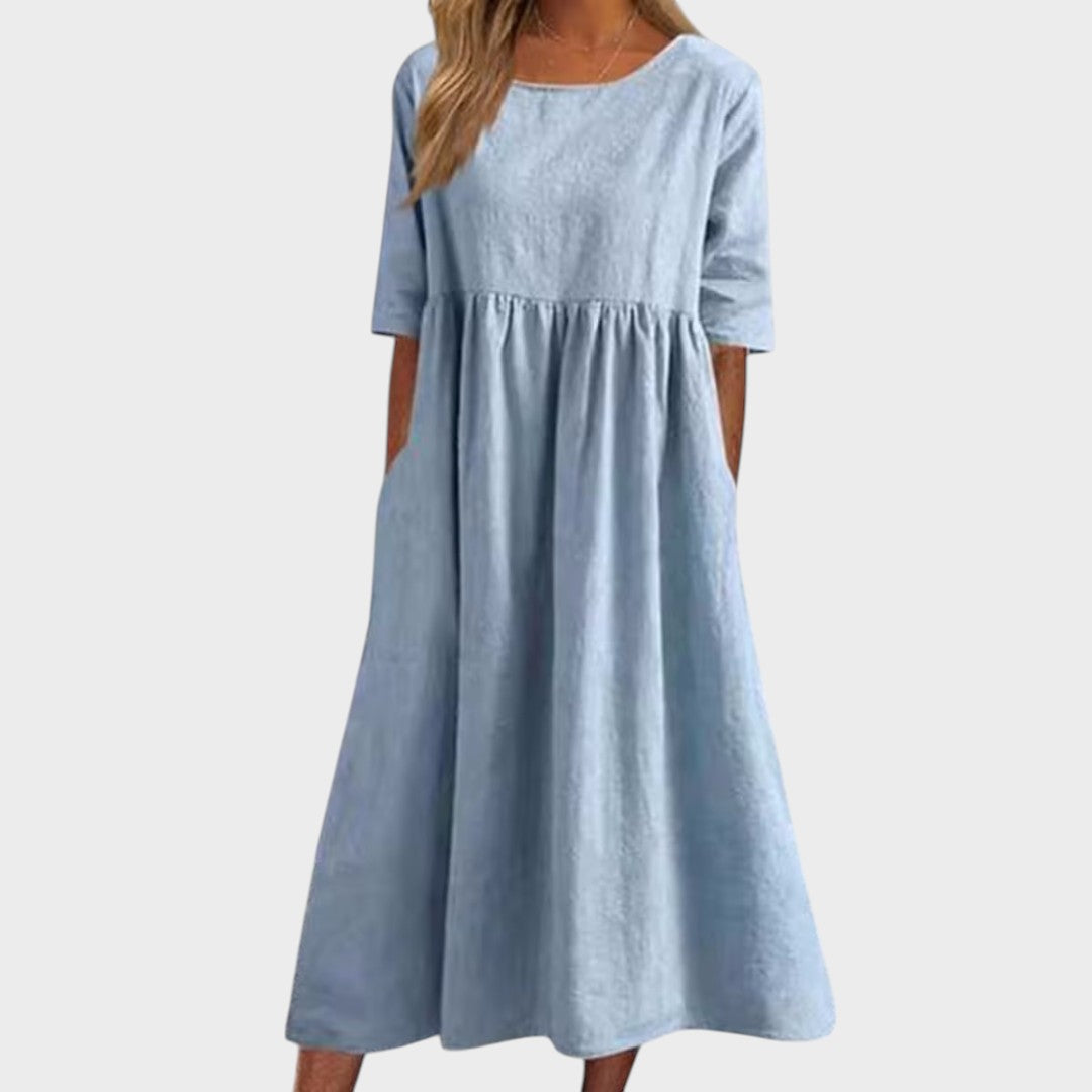Lucia | Vestido de Algodão com Gola Redonda e Detalhe na Cintura