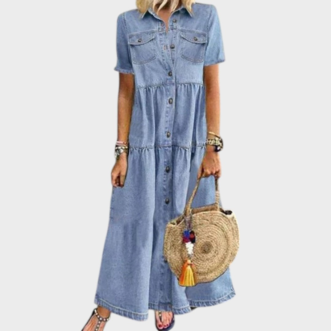 Ainsley | Vestido Jeans Longo com Botões na Frente e Bolsos