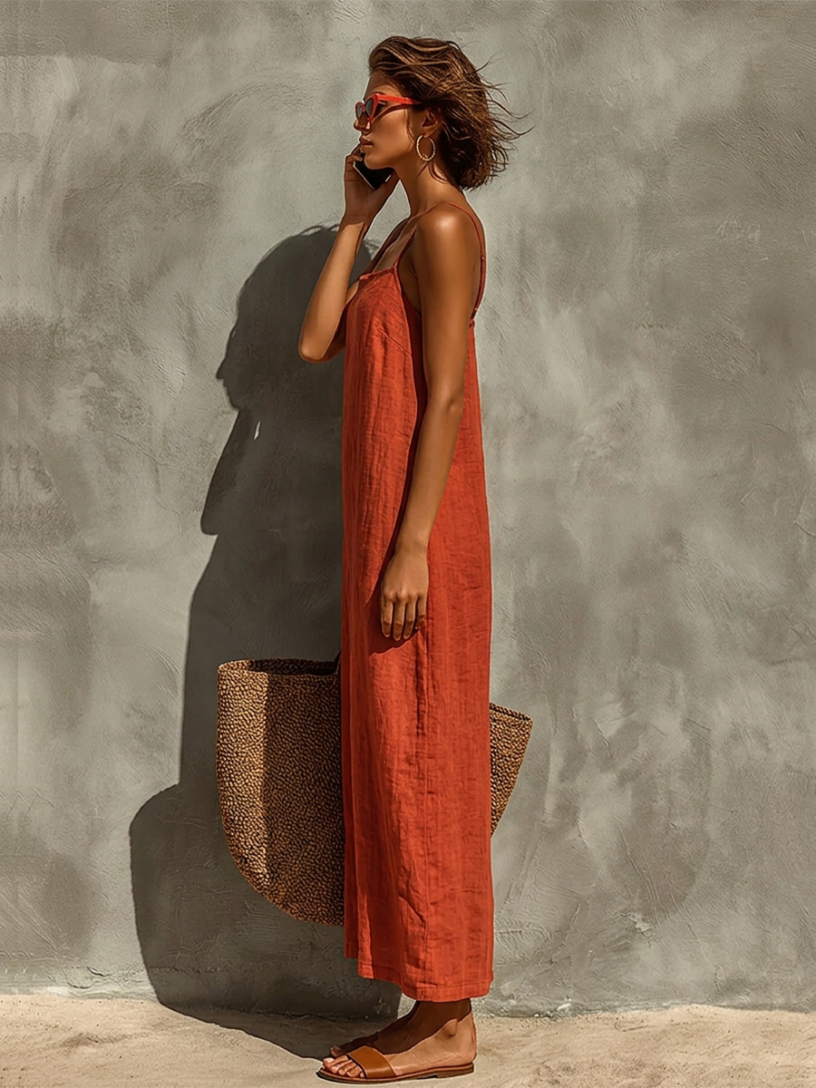 Vestido de Algodão com Alças Finas e Decote Quadrado, Estilo Boho-Resort Atemporal