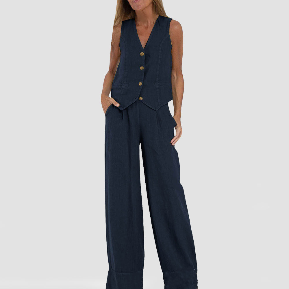 Mary | Conjunto de Casaco e Calça de Linho Natural com Botões de Madeira