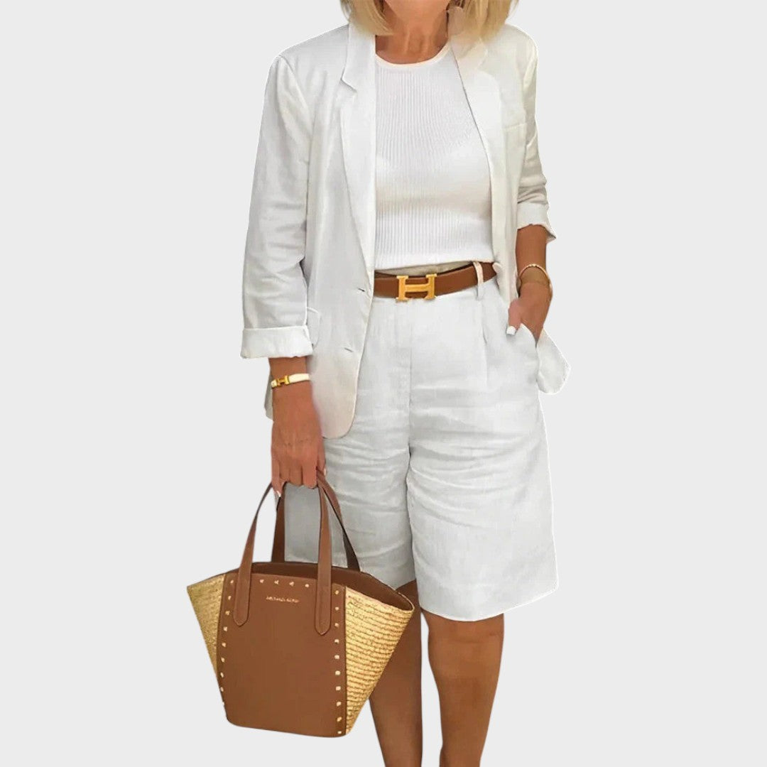 Riley | Conjunto de Linho com Blazer de Manga 3/4 e Short de Cintura Alta