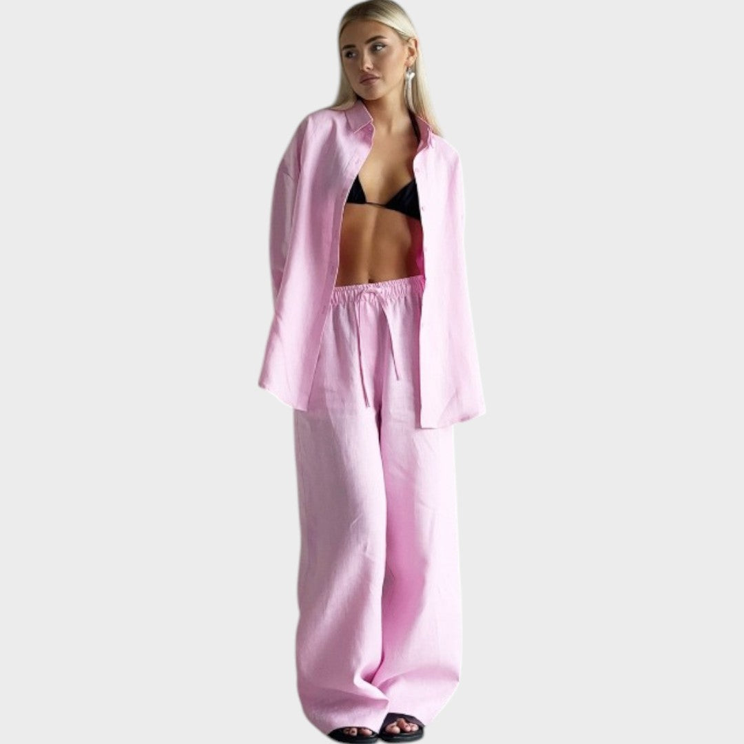 Luna | Conjunto de 3 Peças em Algodão com Camisa Listrada, Cropped e Calça Pantalona