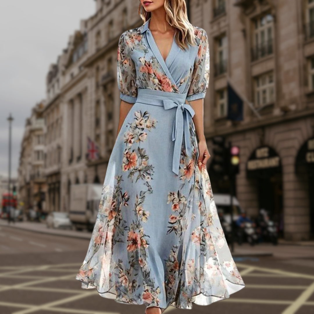Felicia | Vestido Maxi Floral Envelope com Mangas Longas