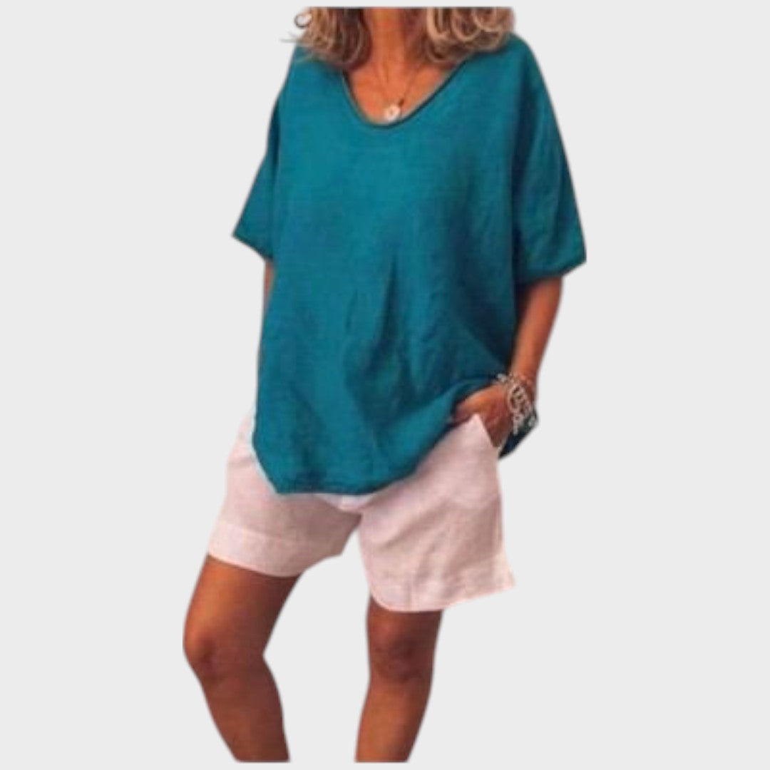 Grace | Blusa Básica Solta de Manga Curta com Cobertura no Quadril