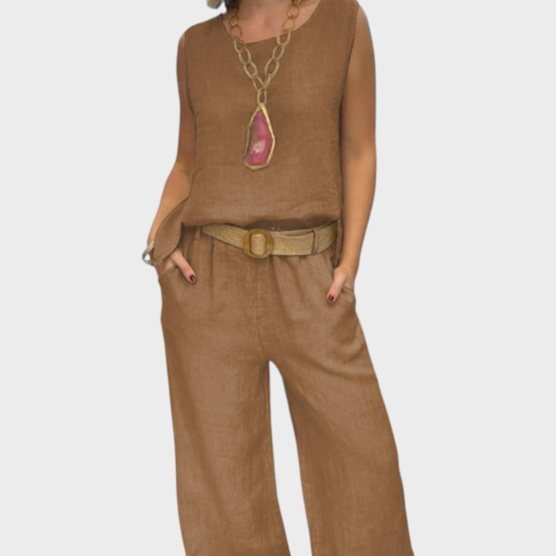 Luzia | Conjunto Boho de Duas Peças em Tons Terrosos com Bolsos e Cinto Opcional