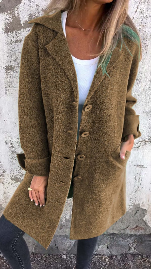 Baylea - Casaco Longo Casual de Lã com Lapela e Abotoamento Simples