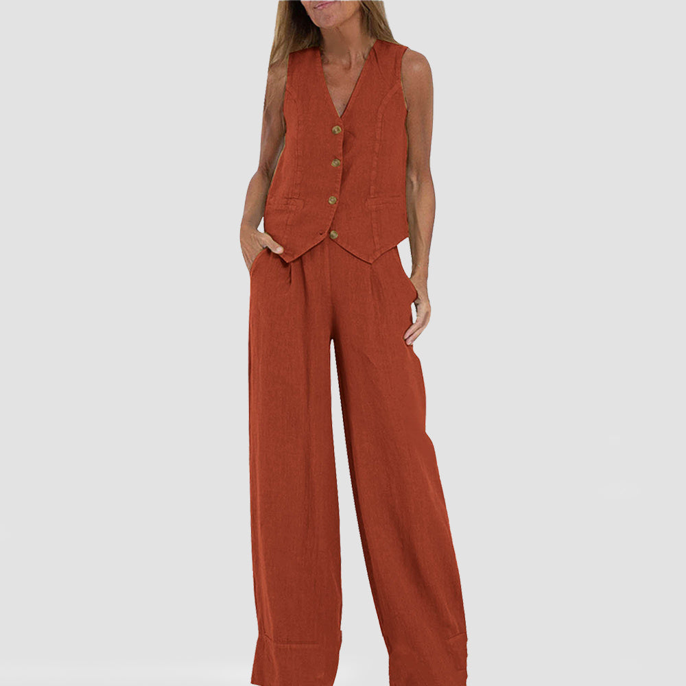 Mary | Conjunto de Casaco e Calça de Linho Natural com Botões de Madeira