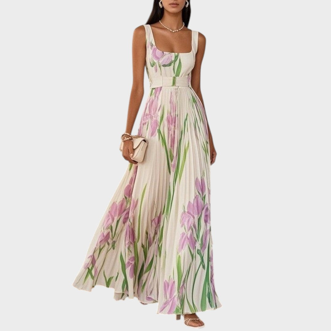 Luxe | Vestido Longo Plissado com Decote Quadrado e Flores em Chiffon