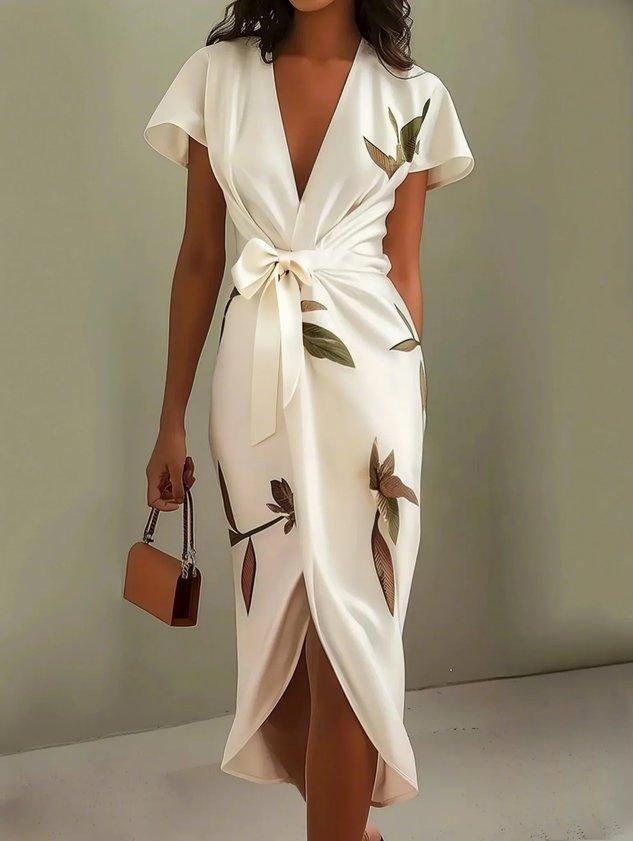Matilde | Vestido Envelope Elegante com Estampa de Folhas