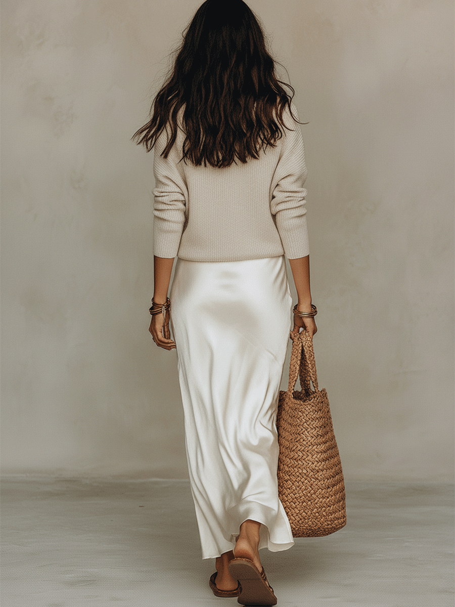 Conjunto Midi Ivory | Tricô e Cetim com Saia Midi Fluida