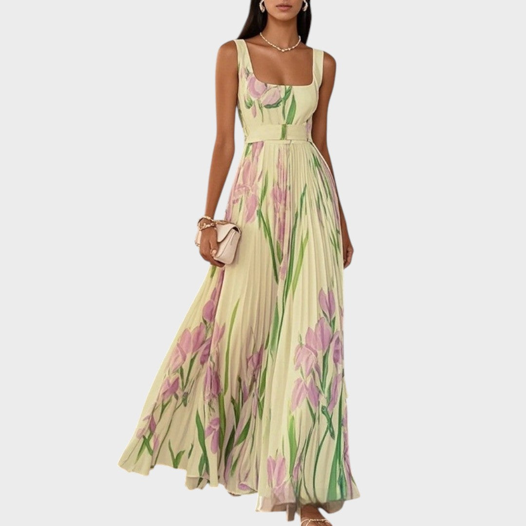 Luxe | Vestido Longo Plissado com Decote Quadrado e Flores em Chiffon
