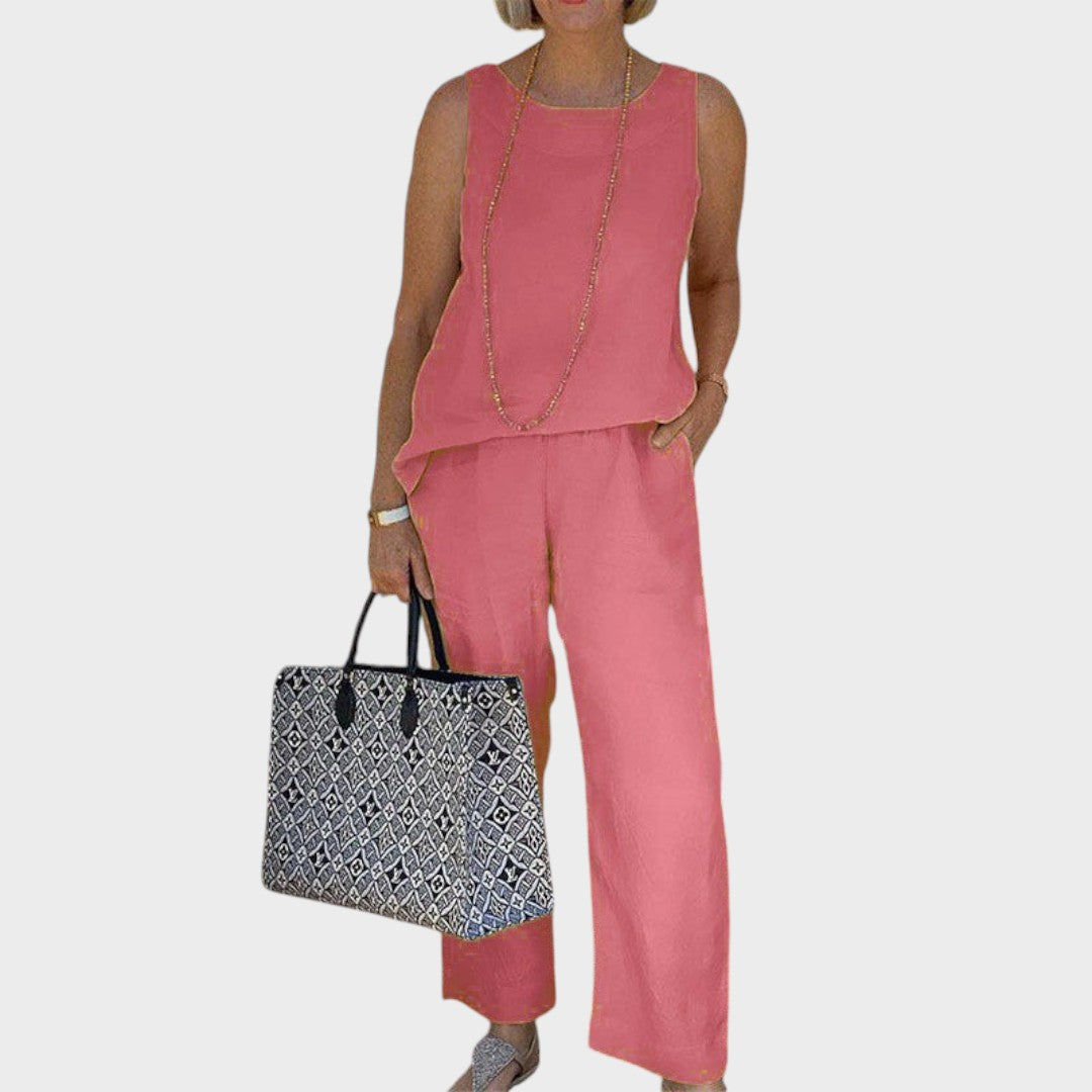 Valéa | Conjunto de Duas Peças de Linho Leve com Calça Fluida e Top sem Mangas