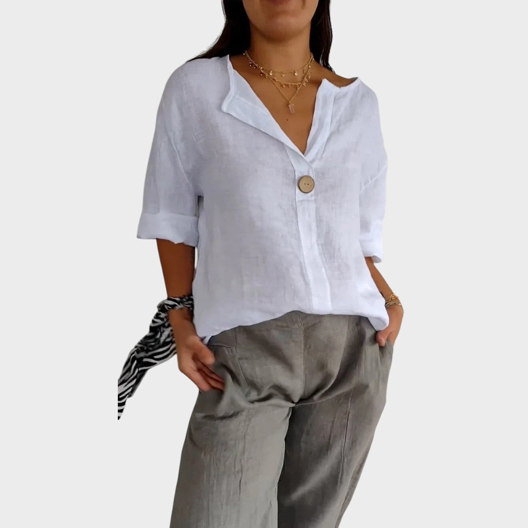 Zamma | Blusa de Linho com Decote V e Elegância Descontraída
