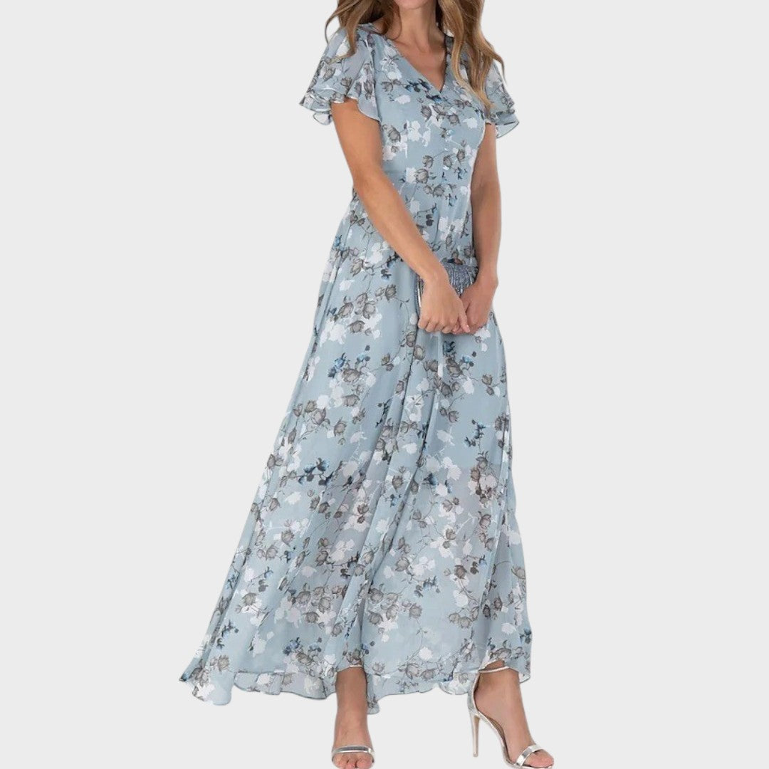 Esme | Vestido Floral com Babados, Decote em V e Mangas Curtas Soltas