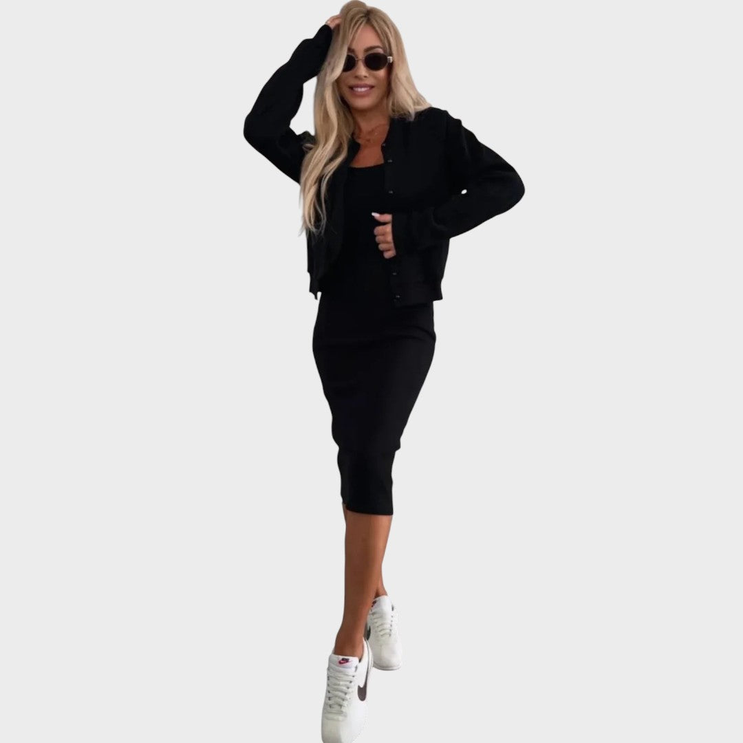 Karin | Conjunto de Vestido Midi e Jaqueta Bomber de Malha Canelada