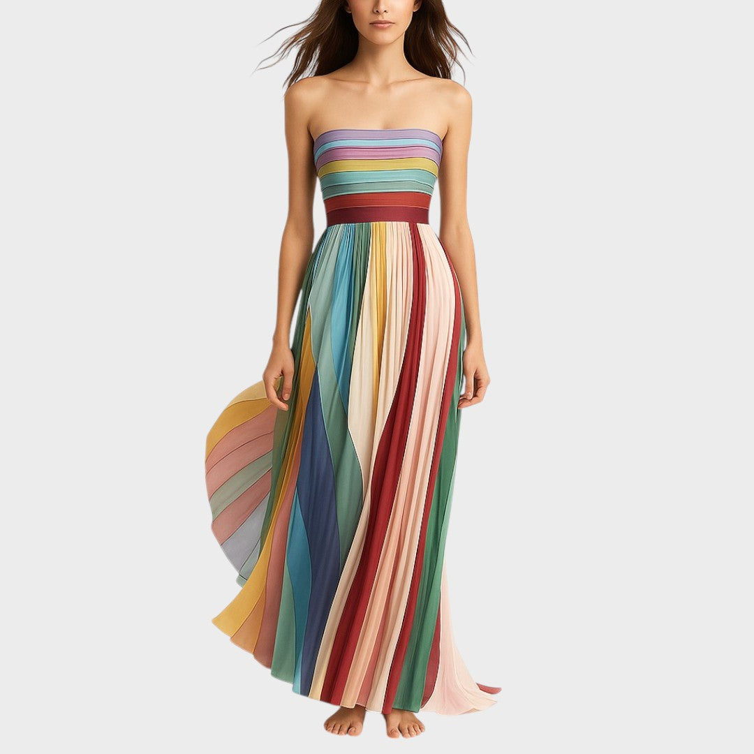 Arco-Íris | Vestido Longo Sem Mangas Colorido com Saia Fluida até o Tornozelo