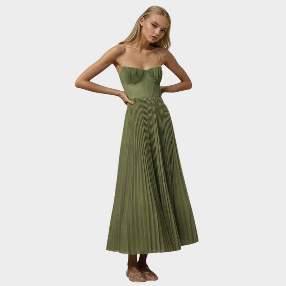 Amilia | Vestido Midi Evasê Plissado com Decote Coração e Inspiração Corselet