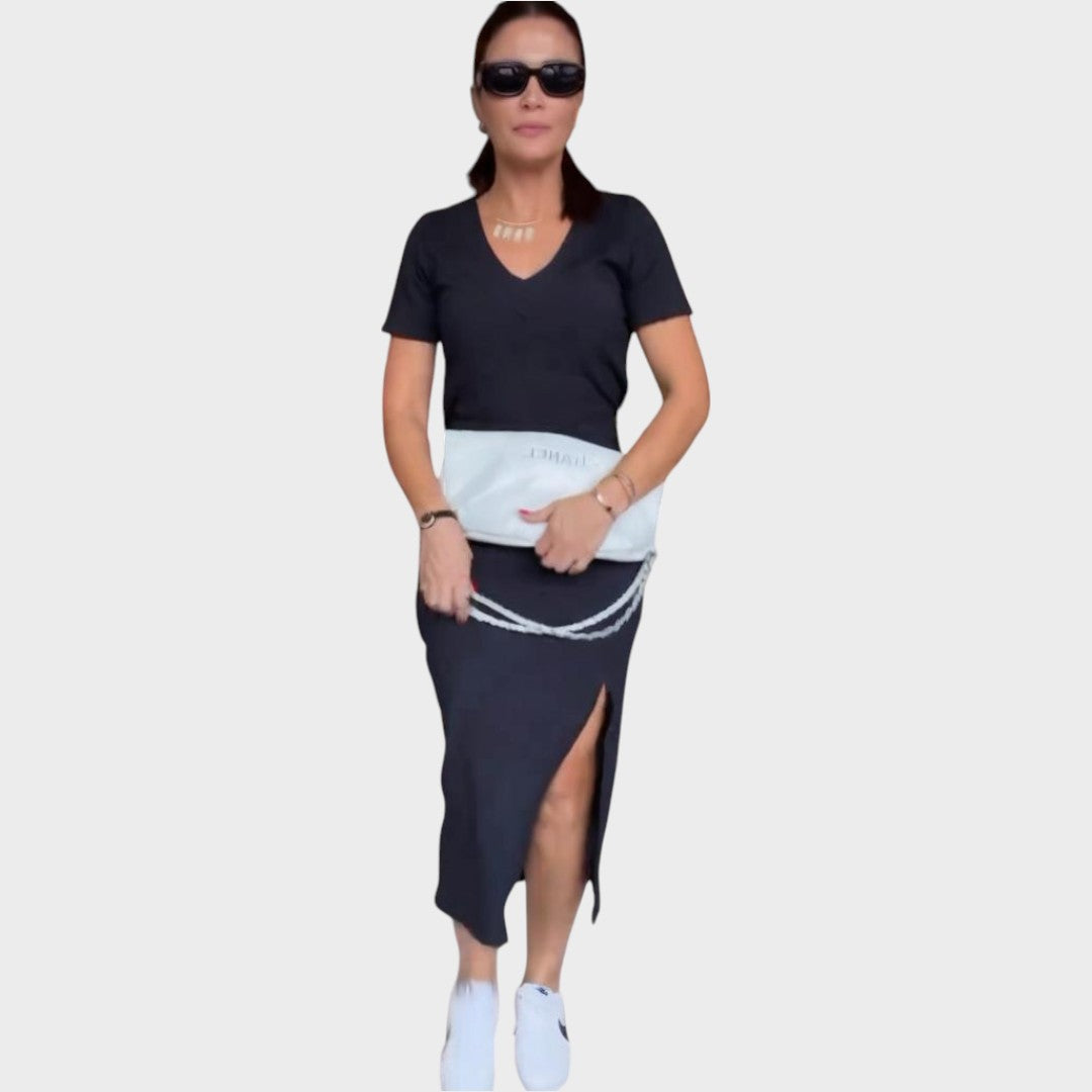 Aria | Conjunto de Top com Decote em V e Saia Midi de Cintura Alta com Cordão