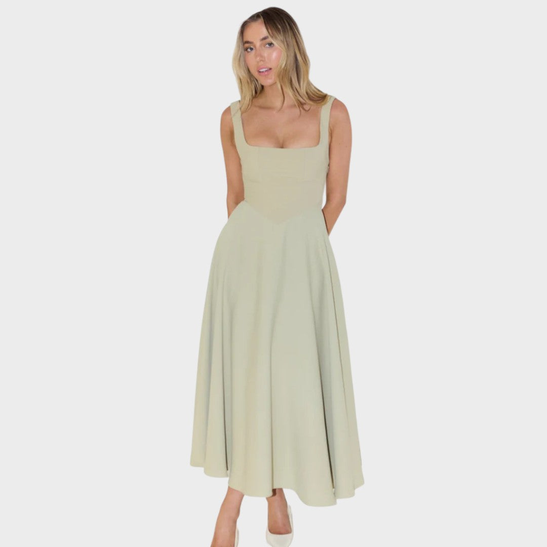 Nina | Elegante Vestido Midi com Alças Largas e Decote Quadrado